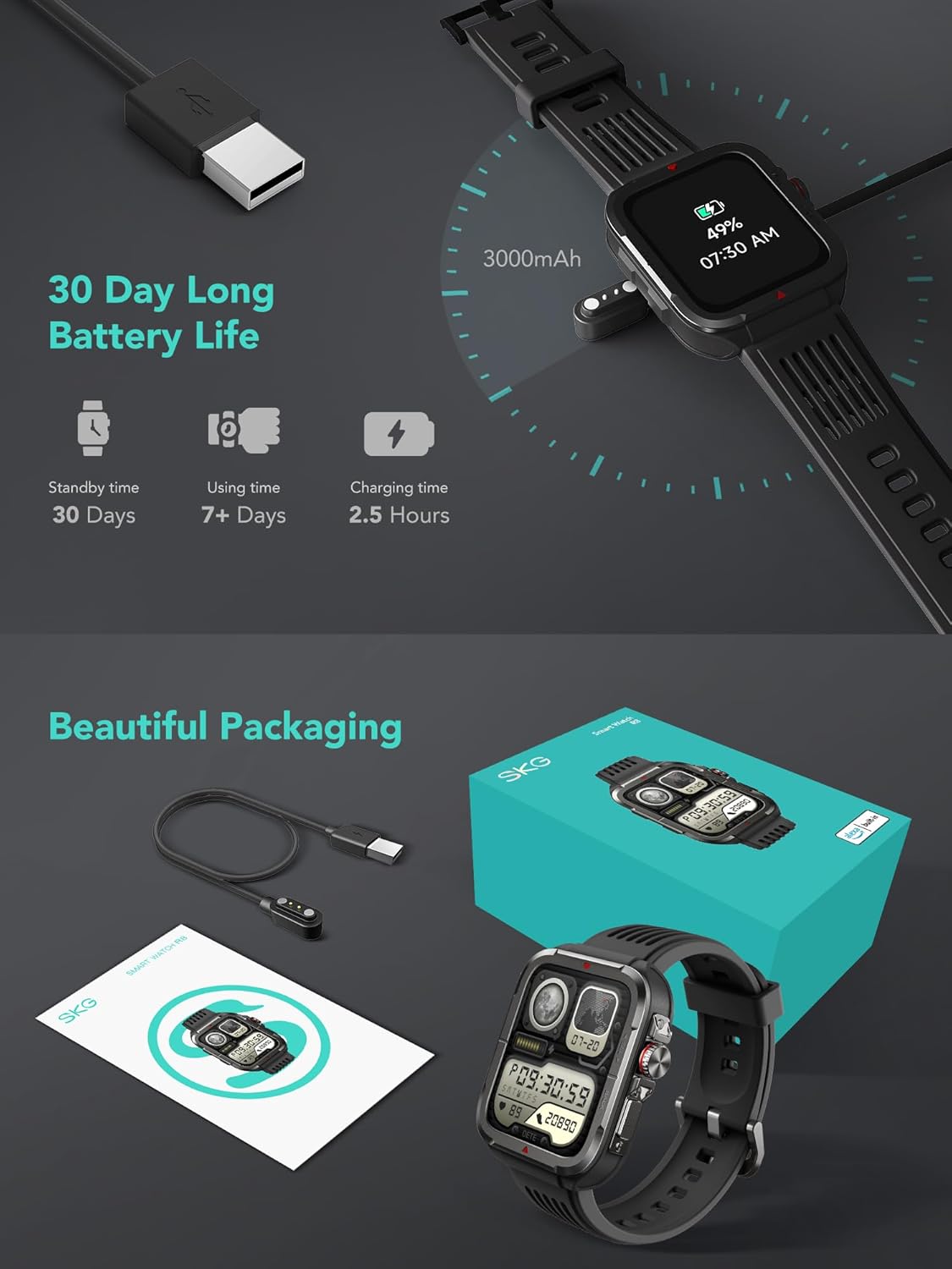 SKG R8 Military Smartwatch – Alexa on Wrist, Rugged IP68, 100+ Sports Modes