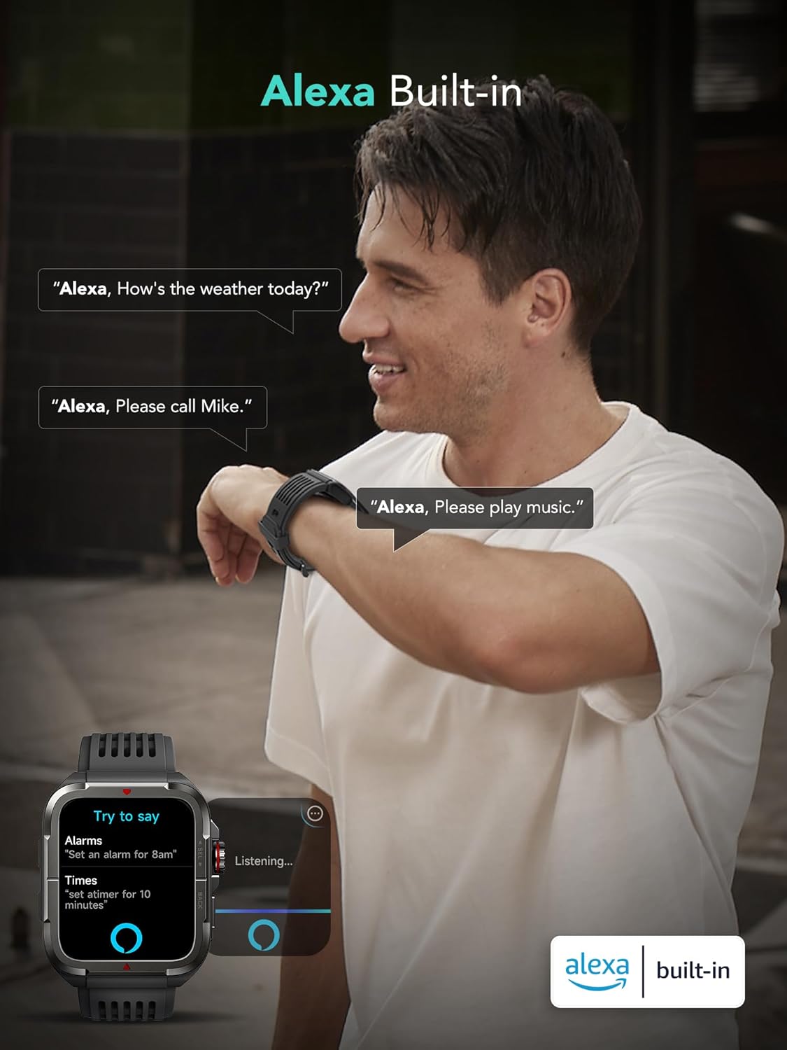 SKG R8 Military Smartwatch – Alexa on Wrist, Rugged IP68, 100+ Sports Modes