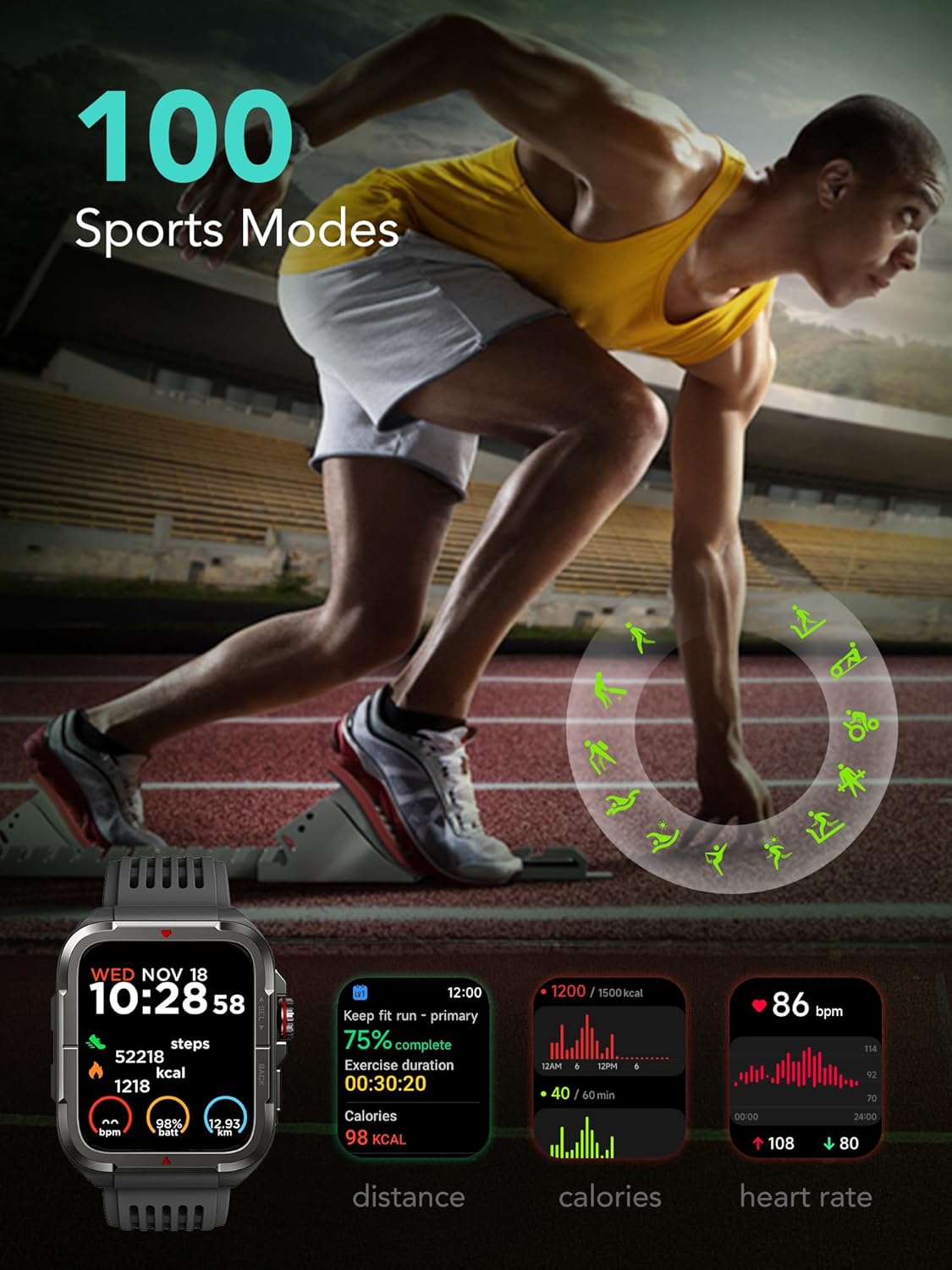 SKG R8 Military Smartwatch – Alexa on Wrist, Rugged IP68, 100+ Sports Modes
